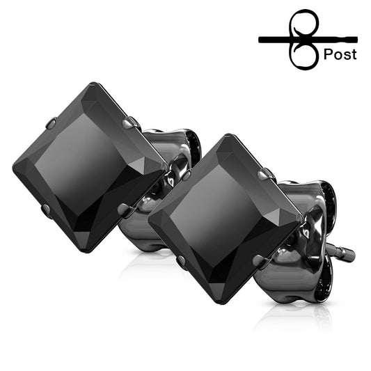 316L Surgical Steel Multi-Faceted Square Grid Gem Stud Earrings – Black, Gold Plate & HP Finish - Pic&Mix The Body Jewellery Shop