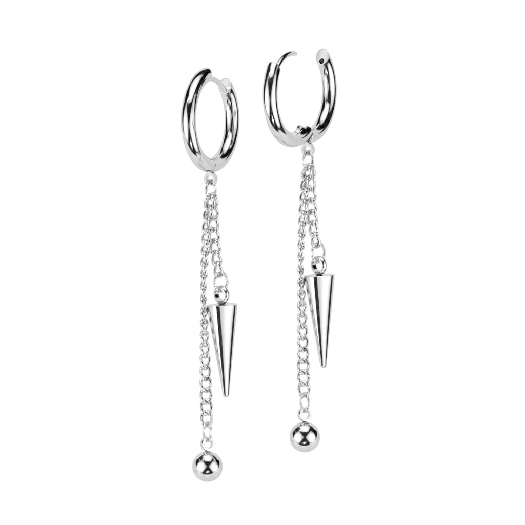 316L Surgical Stainless Steel Ball & Cone Dangle Hinged Hoop Earrings – Hypoallergenic Piercing Jewellery (Pair) - Pic&Mix The Body Jewellery Shop