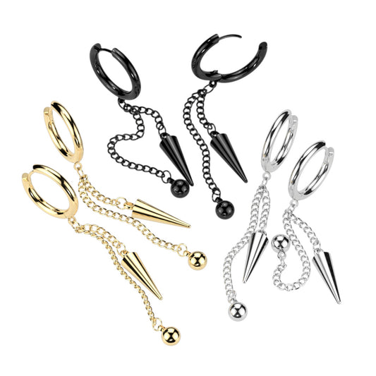 316L Surgical Stainless Steel Ball & Cone Dangle Hinged Hoop Earrings – Hypoallergenic Piercing Jewellery (Pair) - Pic&Mix The Body Jewellery Shop