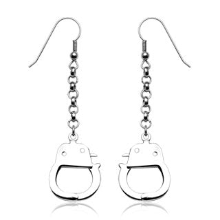 Pair of 316L Hook Earrings with Dangling Handcuffs