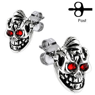 316L Surgical Stainless Steel Evil Knight Skull Stud Earrings – Red CZ Eyes Gothic Piercing Jewellery (Pair) - Pic&Mix The Body Jewellery Shop