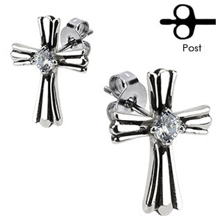 Pair of 316L Surgical Stainless Royal Cross With Clear CZ Center Stud Earring - Pic&Mix The Body Jewellery Shop