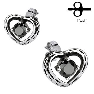 Pair of 316L Surgical Stainless Vintage Casted Heart With Black CZ Stud Earring - Pic&Mix The Body Jewellery Shop