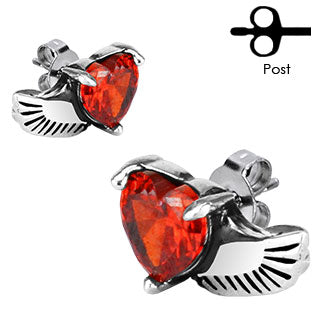 316L Surgical Stainless Steel Angel Wing & Heart Red CZ Stud Earrings – Hypoallergenic Piercing Jewellery (Pair) - Pic&Mix The Body Jewellery Shop