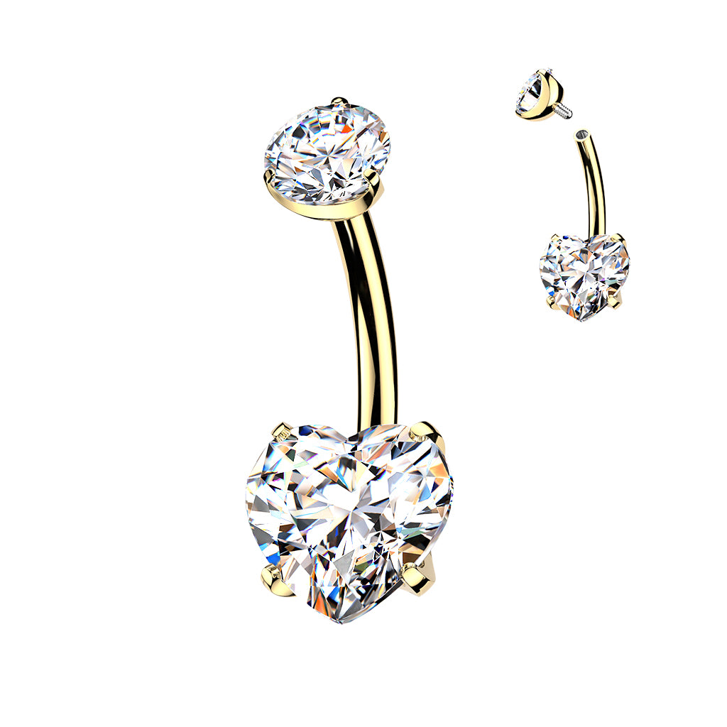 24K Gold PVD Titanium Internally Threaded Prong Set Heart CZ Belly Button Ring - Pic&Mix The Body Jewellery Shop