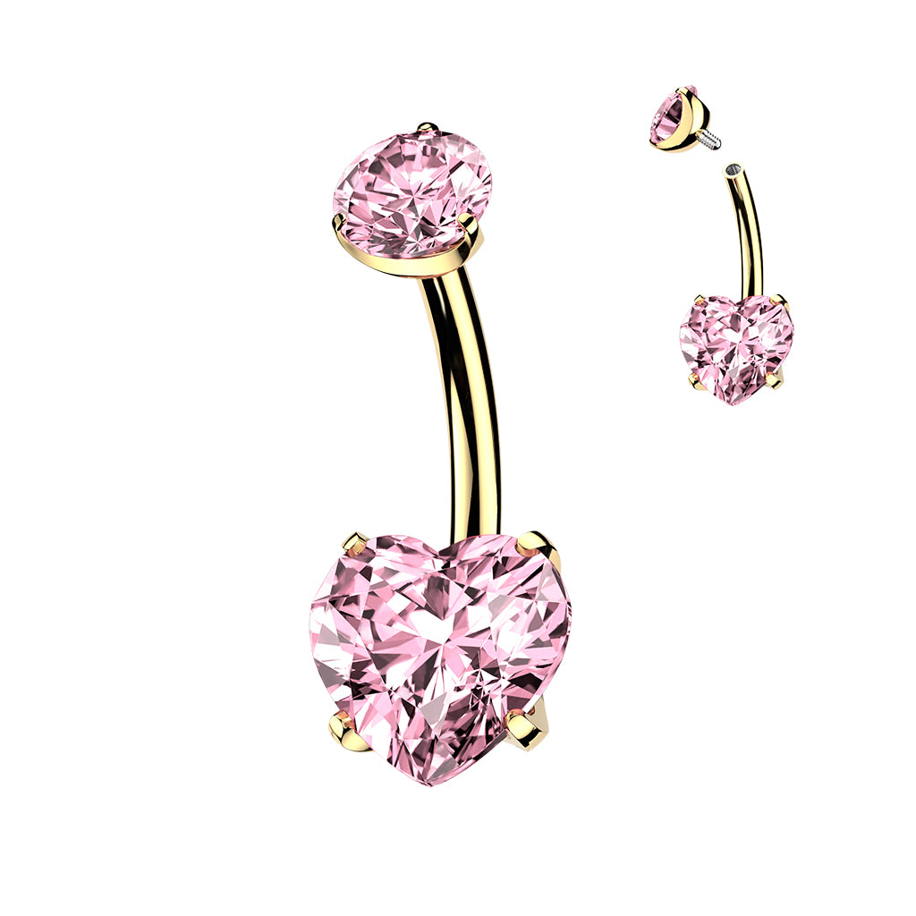 24K Gold PVD Titanium Internally Threaded Prong Set Heart CZ Belly Button Ring - Pic&Mix The Body Jewellery Shop