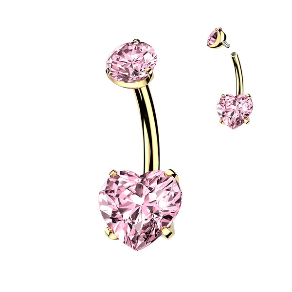 24K Gold PVD Titanium Internally Threaded Prong Set Heart CZ Belly Button Ring