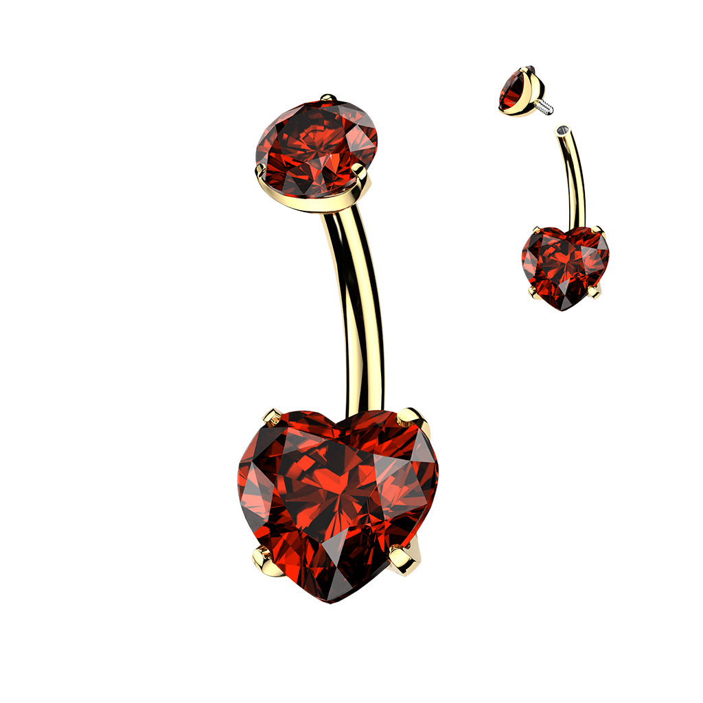 24K Gold PVD Titanium Internally Threaded Prong Set Heart CZ Belly Button Ring - Pic&Mix The Body Jewellery Shop