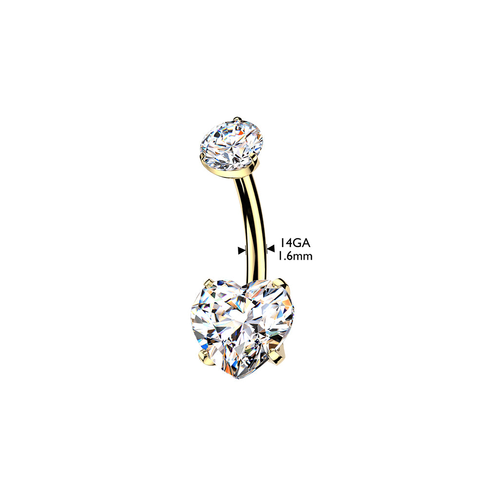 24K Gold PVD Titanium Internally Threaded Prong Set Heart CZ Belly Button Ring - Pic&Mix The Body Jewellery Shop