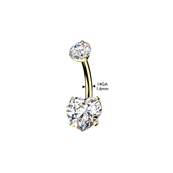 24K Gold PVD Titanium Internally Threaded Prong Set Heart CZ Belly Button Ring