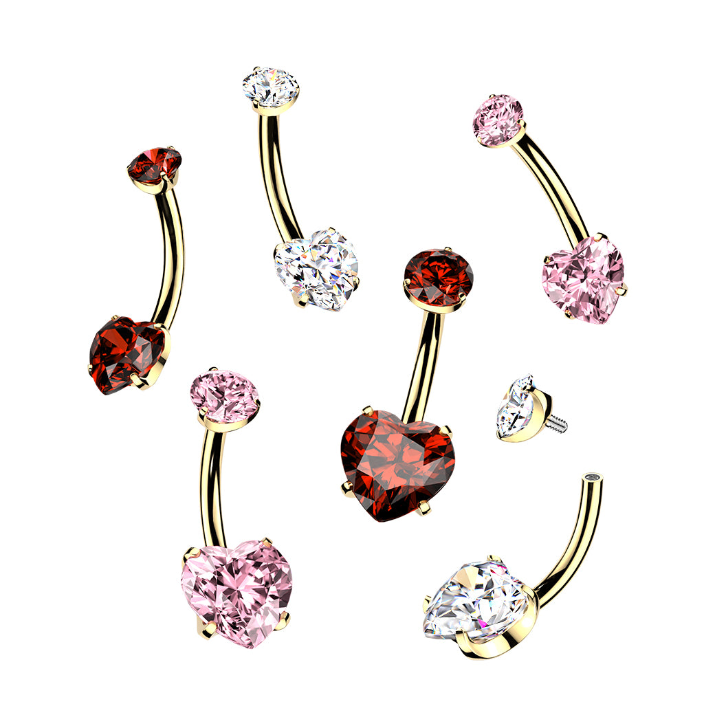24K Gold PVD Titanium Internally Threaded Prong Set Heart CZ Belly Button Ring - Pic&Mix The Body Jewellery Shop