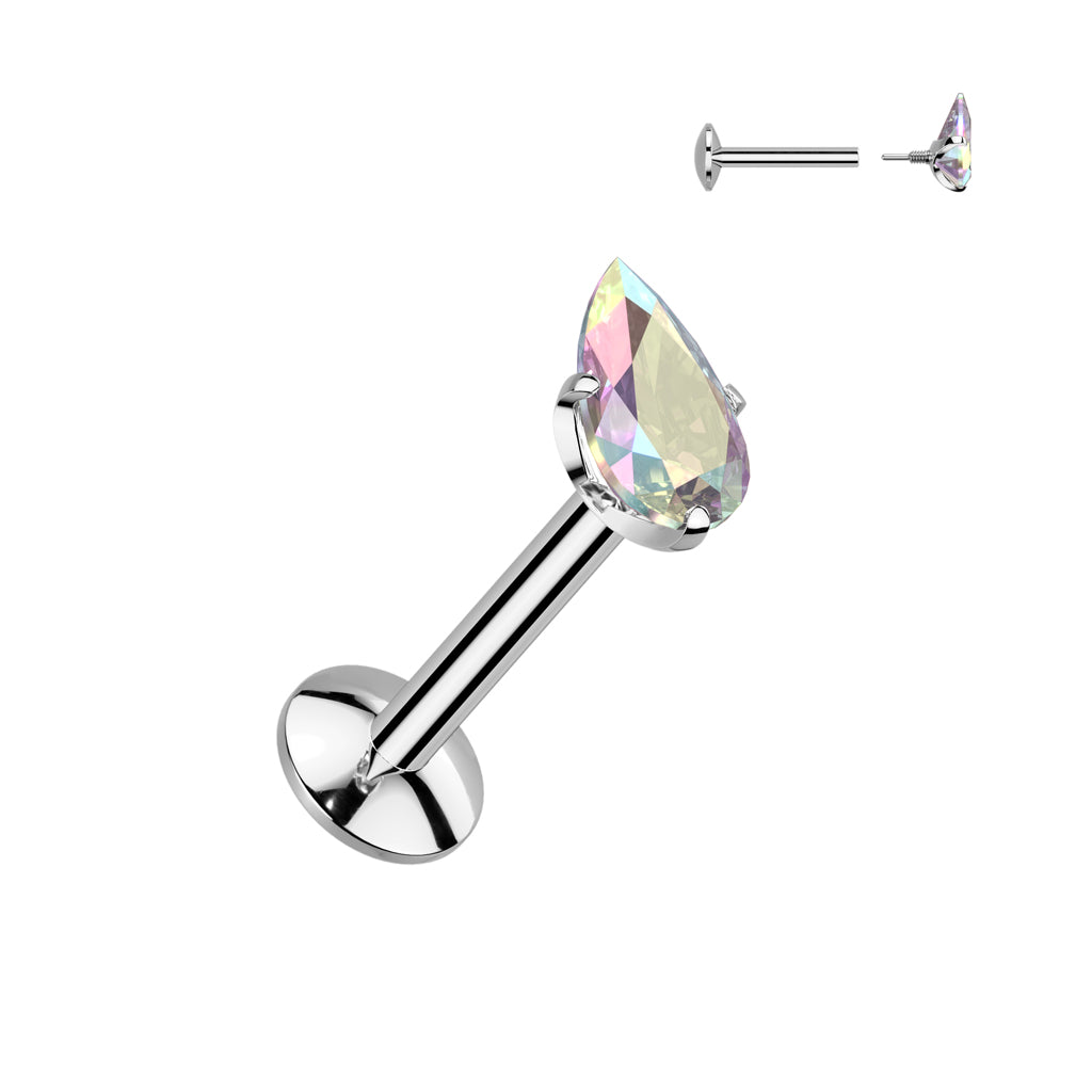 Teardrop Implant Grade Titanium Internally Threaded Labret, 4mm Convex Base With Prong Set Teardrop CZ Extended Thread Top - Pic&Mix The Body Jewellery Shop