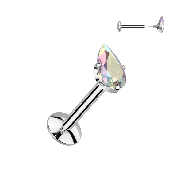 Teardrop Implant Grade Titanium Internally Threaded Labret, 4mm Convex Base With Prong Set Teardrop CZ Extended Thread Top