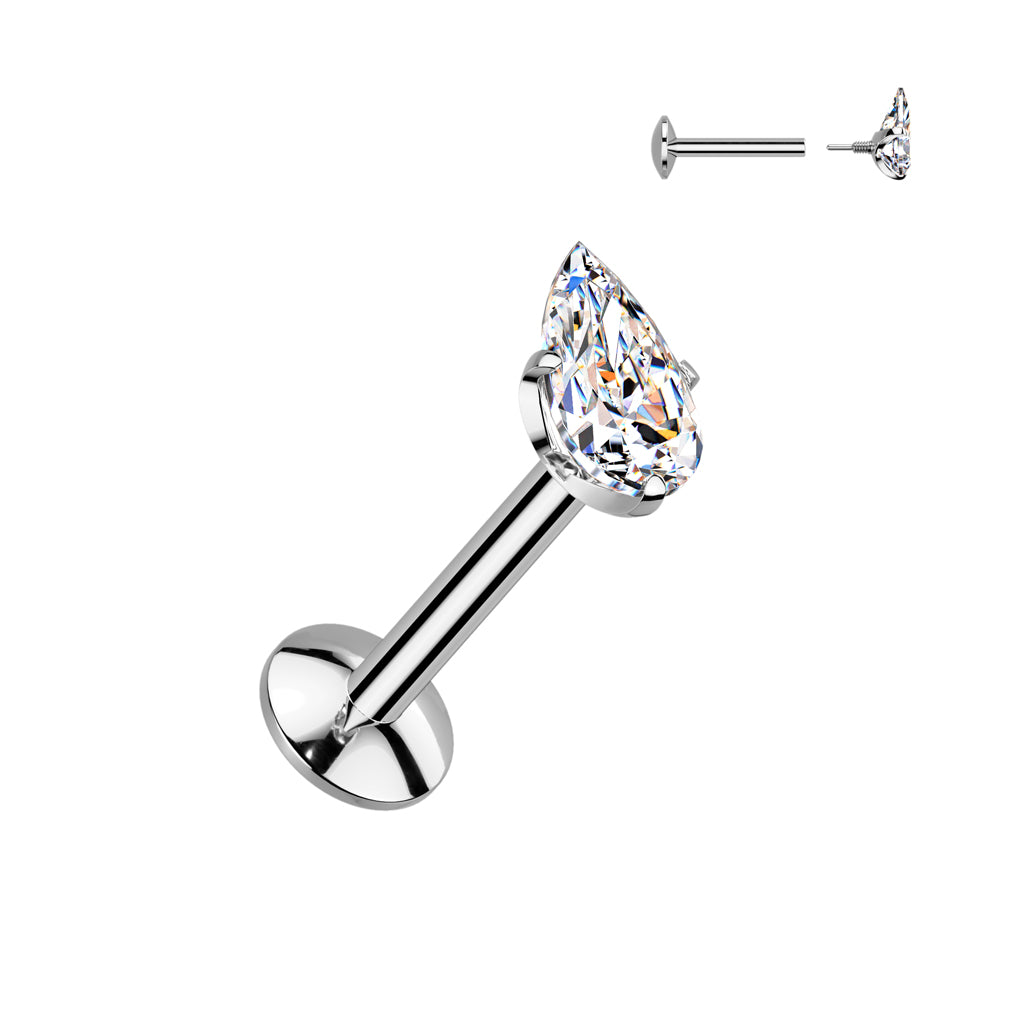 Teardrop Implant Grade Titanium Internally Threaded Labret, 4mm Convex Base With Prong Set Teardrop CZ Extended Thread Top - Pic&Mix The Body Jewellery Shop