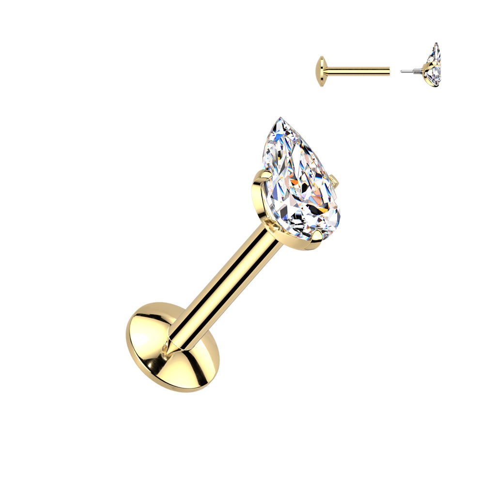 Teardrop Implant Grade Titanium Internally Threaded Labret, 4mm Convex Base With Prong Set Teardrop CZ Extended Thread Top - Pic&Mix The Body Jewellery Shop
