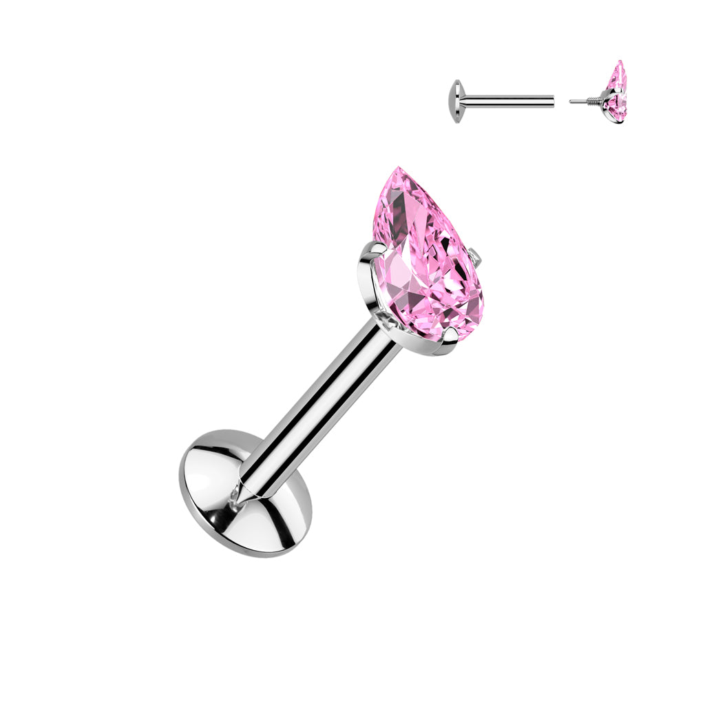 Teardrop Implant Grade Titanium Internally Threaded Labret, 4mm Convex Base With Prong Set Teardrop CZ Extended Thread Top - Pic&Mix The Body Jewellery Shop