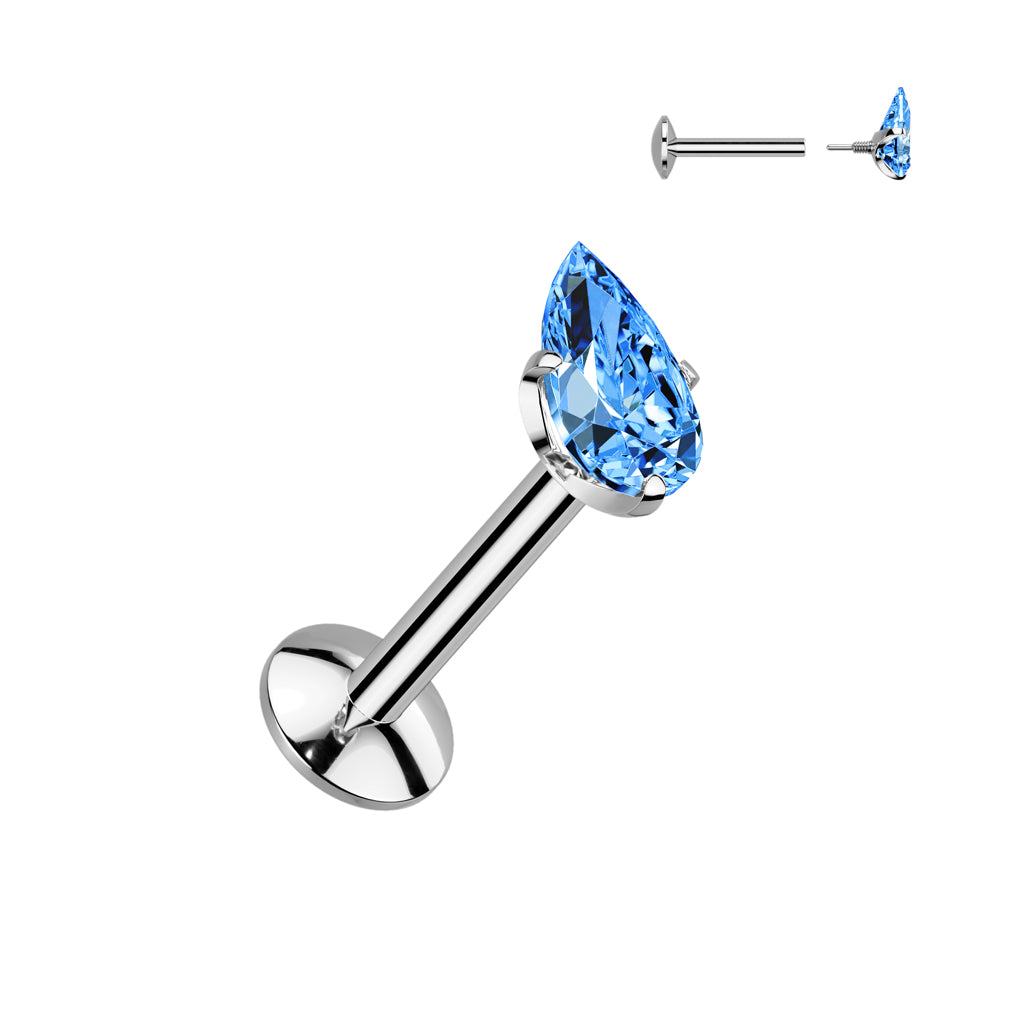 Teardrop Implant Grade Titanium Internally Threaded Labret, 4mm Convex Base With Prong Set Teardrop CZ Extended Thread Top - Pic&Mix The Body Jewellery Shop
