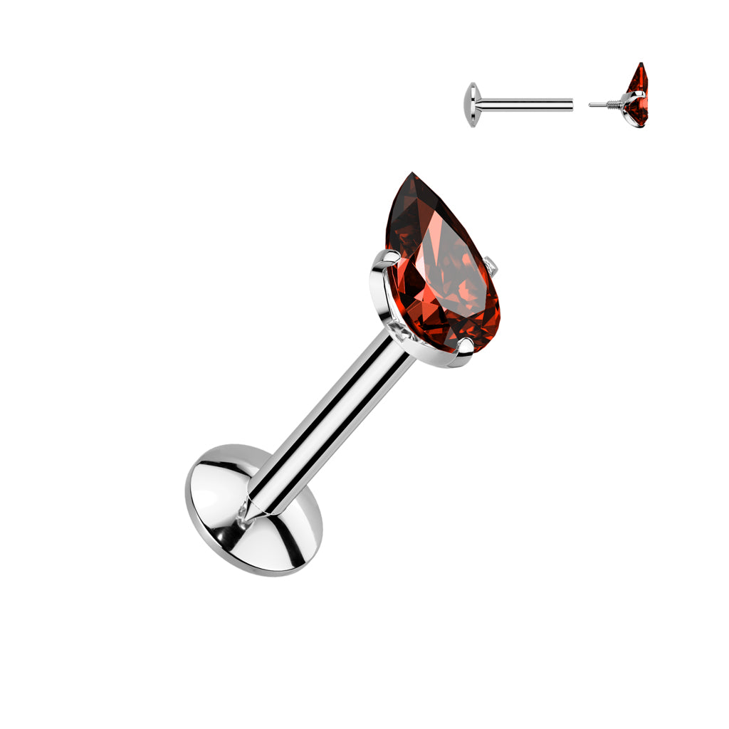 Teardrop Implant Grade Titanium Internally Threaded Labret, 4mm Convex Base With Prong Set Teardrop CZ Extended Thread Top - Pic&Mix The Body Jewellery Shop