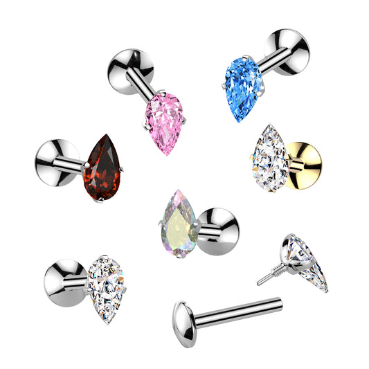 Teardrop Implant Grade Titanium Internally Threaded Labret, 4mm Convex Base With Prong Set Teardrop CZ Extended Thread Top - Pic&Mix The Body Jewellery Shop