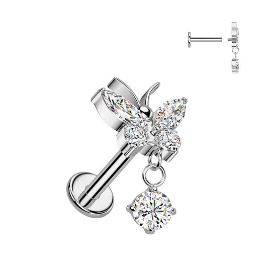 Implant Grade Titanium Internally Threaded CZ Butterfly Labret - Pic&Mix The Body Jewellery Shop