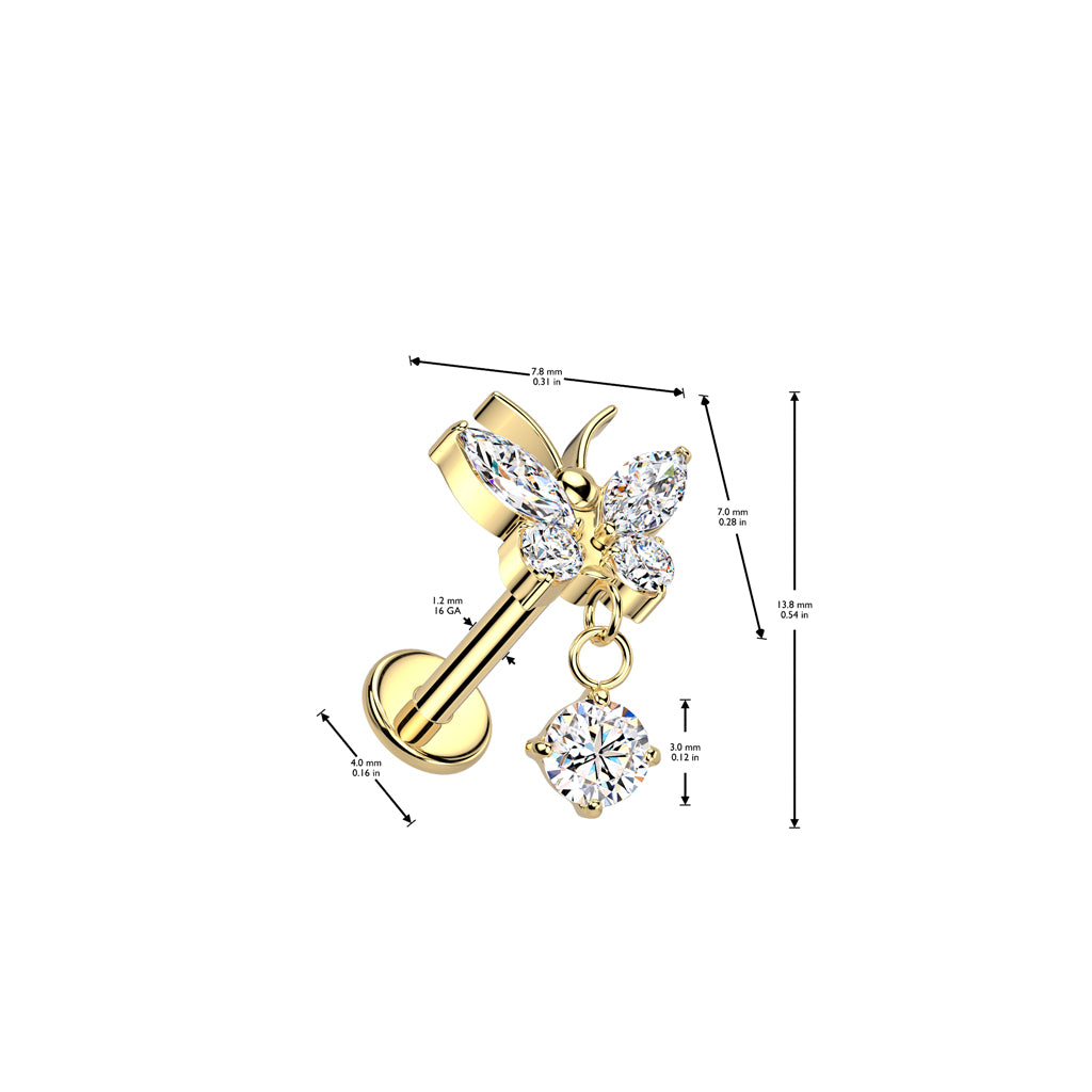 Implant Grade Titanium Internally Threaded CZ Butterfly Labret - Pic&Mix The Body Jewellery Shop