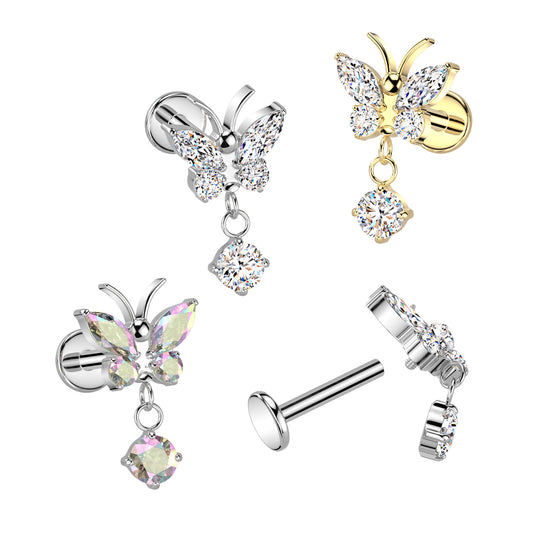 Implant Grade Titanium Internally Threaded CZ Butterfly Labret - Pic&Mix The Body Jewellery Shop