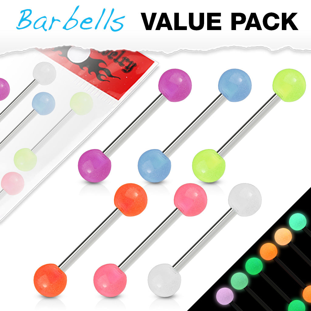 Multi Pack of 6 Barbells - Glow in the Dark - Pic&Mix The Body Jewellery Shop