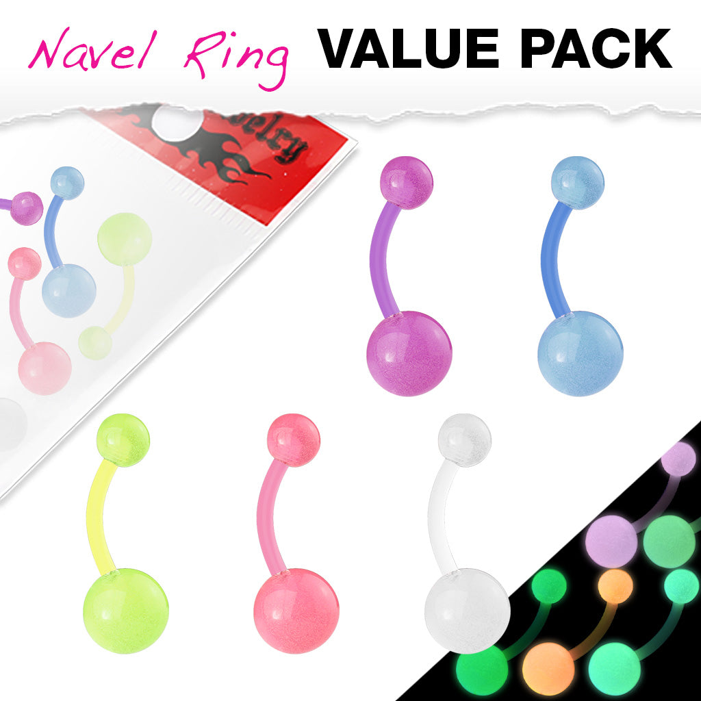 Multi Pack of 5 Belly bars - Glow in the Dark Bioflex - Pic&Mix The Body Jewellery Shop