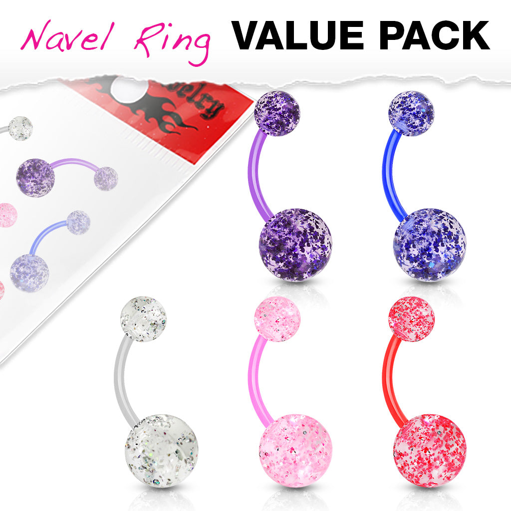 Multi Pack of 5 Belly bars - UV Glitter Acrylic - Pic&Mix The Body Jewellery Shop