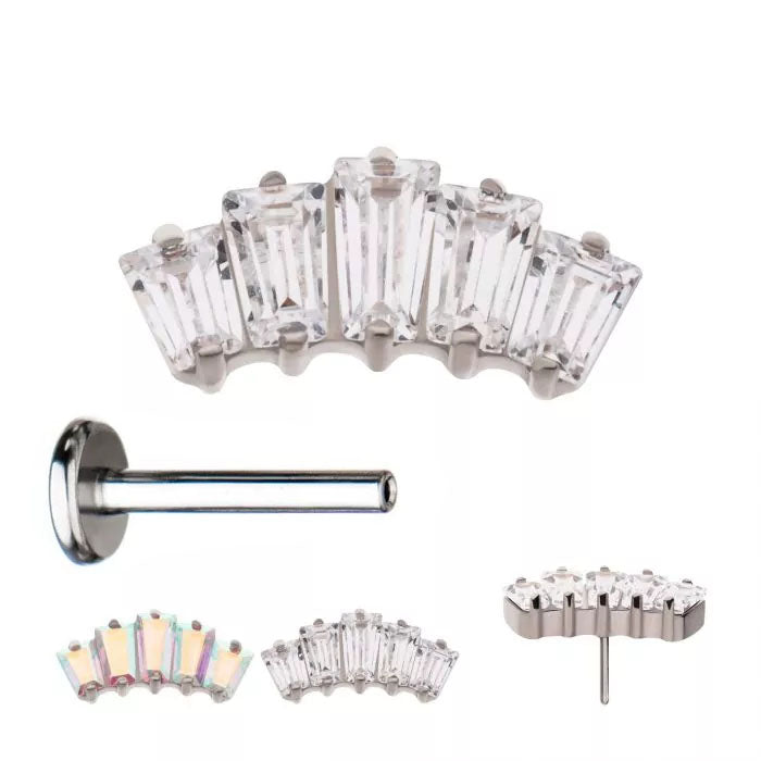 Titanium Threadless Prong Set Baguette CZ 5-Cluster Fan Shape Top
