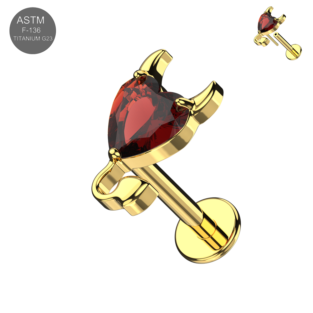 Devil Heart Gold Plated Titanium Threadless Labret 1.2x8mm