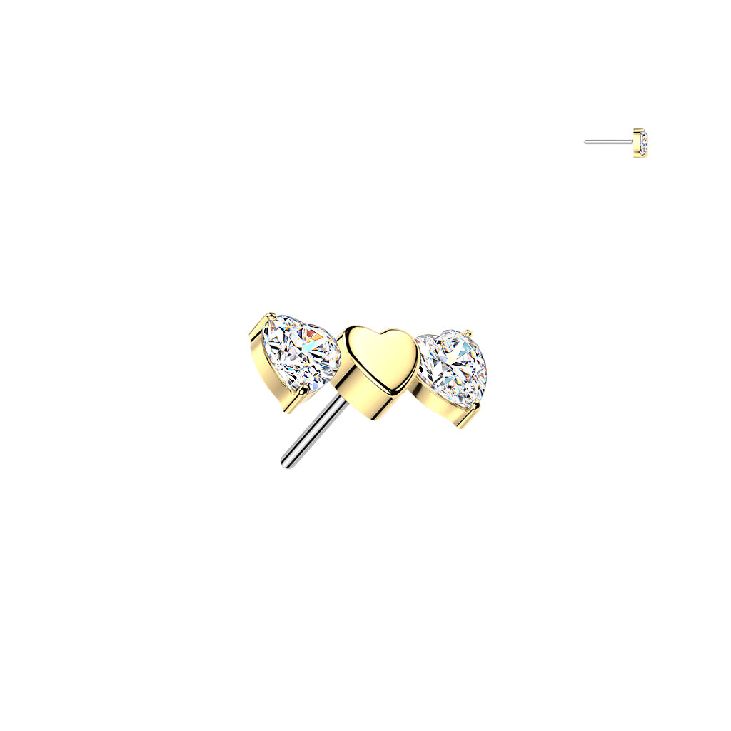 Titanium Threadless Push In Triple Heart Top With 2 CZ Heart Labret