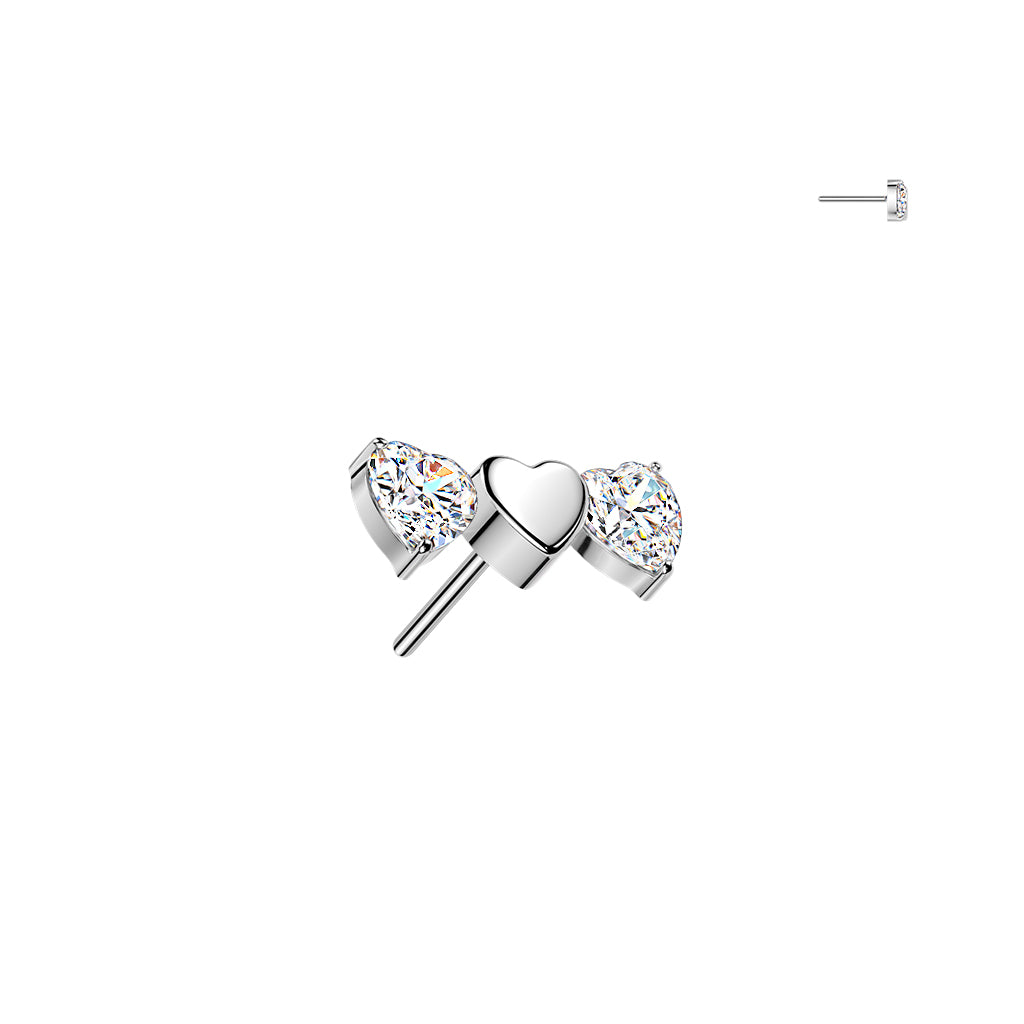 Titanium Threadless Push In Triple Heart Top With 2 CZ Heart Labret