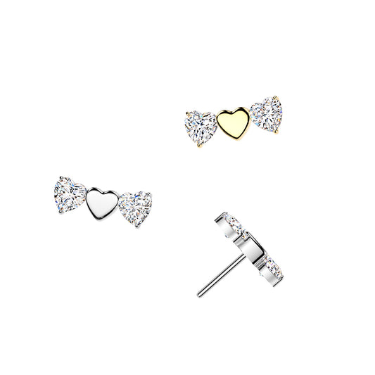 Titanium Threadless Push In Triple Heart Top With 2 CZ Heart Labret