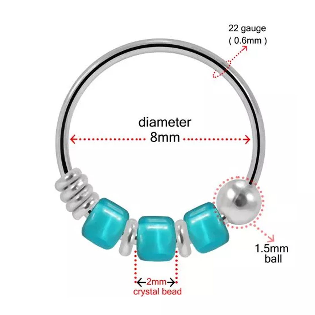 925 Sterling Silver Nose Ring with Colour & Translucent Beads – Beaded Nose Hoop Piercing Jewellery