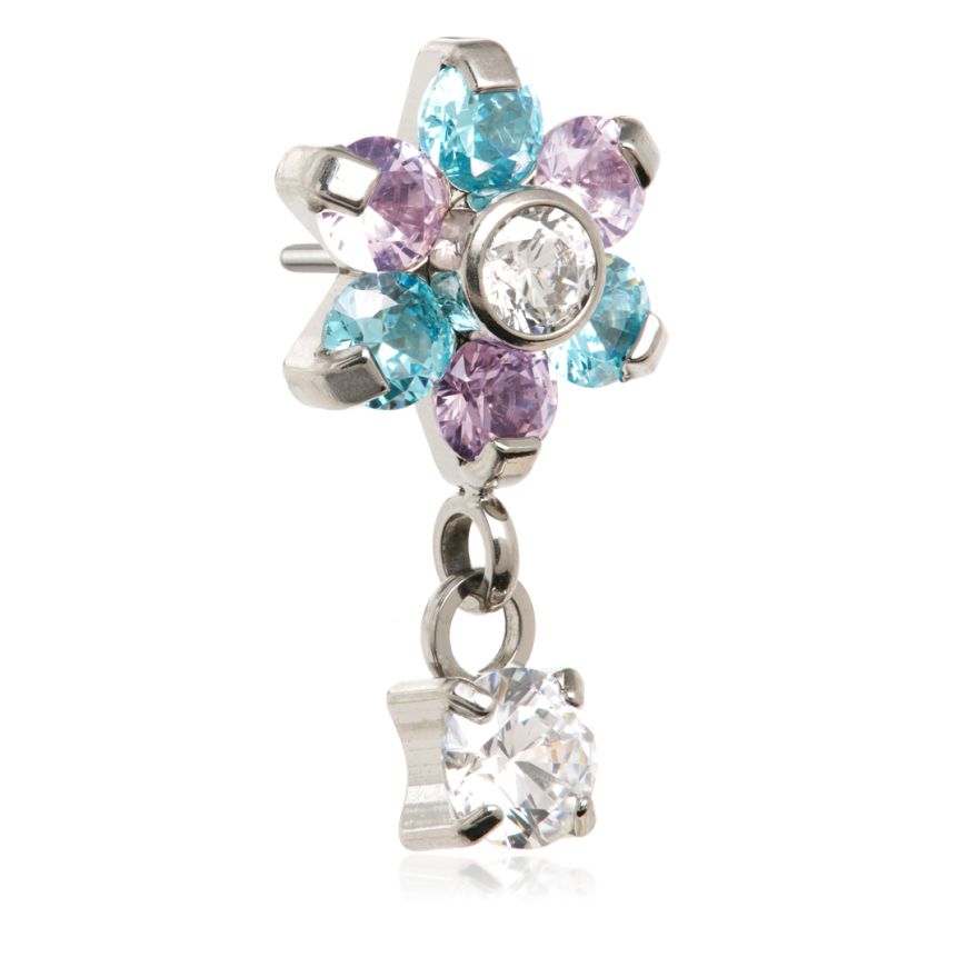 Ti Threadless Flower With Hanhging Gem - CZ+Aqua - Pic&Mix The Body Jewellery Shop