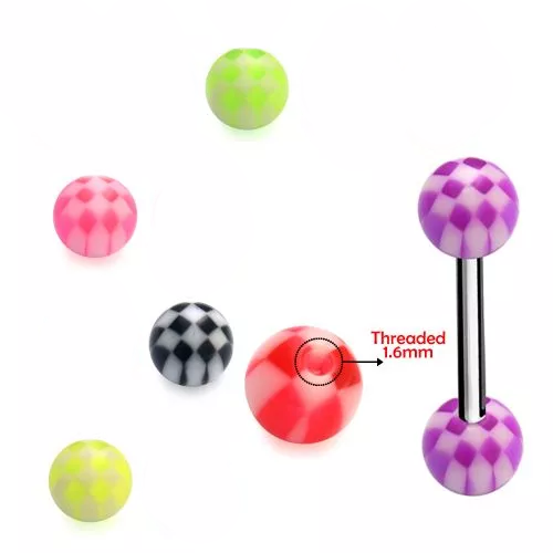 316L Surgical Steel Tongue Barbell with Checker Colour UV Balls – Vibrant Glow Piercing Jewellery