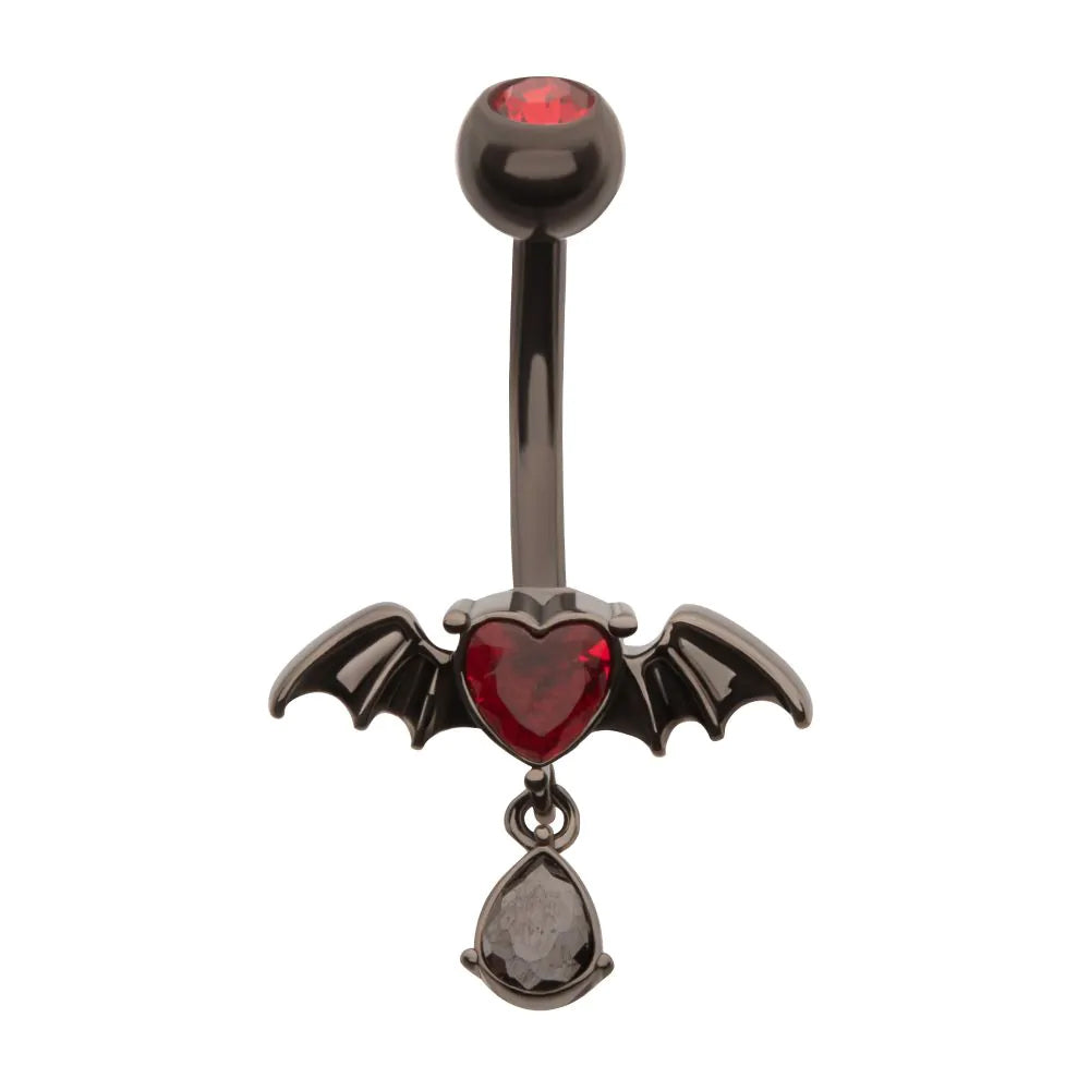 Black PVD Steel Heart Gem Bat Wing Navel with Teardrop Dangle - Pic&Mix The Body Jewellery Shop