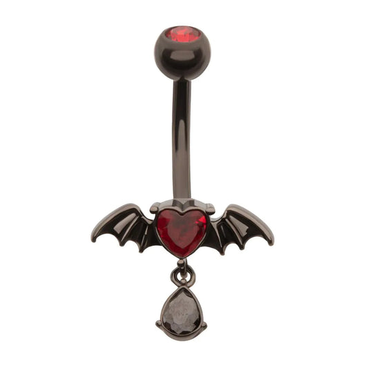 Black PVD Steel Heart Gem Bat Wing Navel with Teardrop Dangle - Pic&Mix The Body Jewellery Shop
