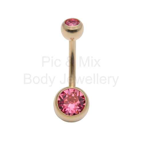 Titanium Zircon Double Gem Belly Bar 1.6x10mm Rose or Clear