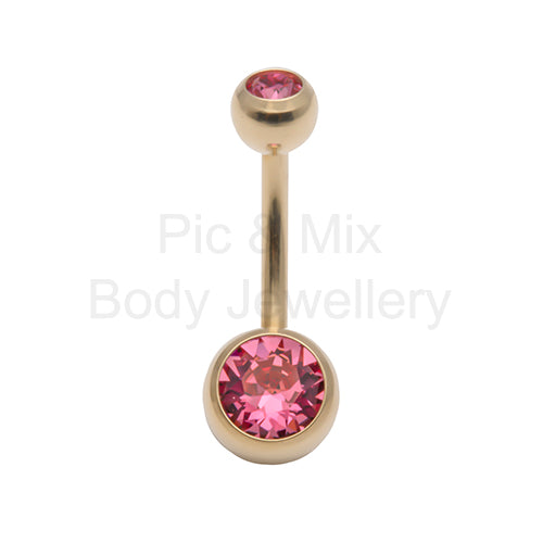 Titanium Zircon Double Gem Belly Bar 1.6x10mm Rose or Clear